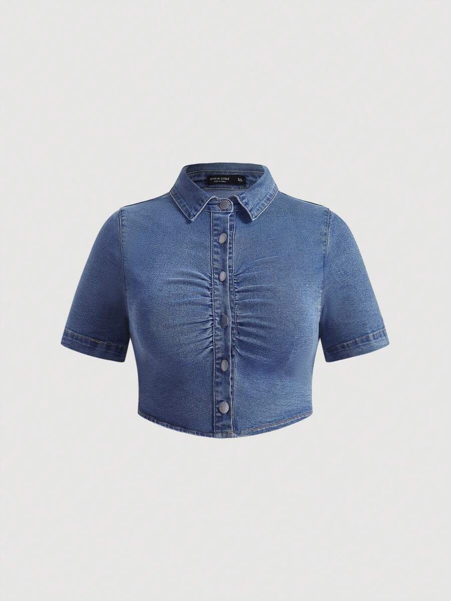 Comfortcana Plus Size Denim Casual Stretchy Short Sleeve Shirt, Blue - Blue - View 1