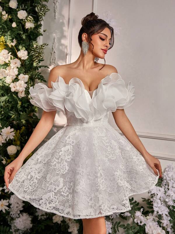 Lovelzi Luxoasă, Elegantă, Nobilă, Romantică, Demnă, Albă, Dantelă, Volane din organza, Talie subțire, Rochie linie A, Potrivită pentru petreceri burlăcițe, Invitate la nuntă, Rochii de absolvire, Festivaluri, Rochii de petrecere burlăcițe, Rochie albă mică, Mireasă