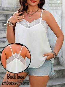 SHEIN LUNE Plus Size Solid Color Lace Patchwork Spaghetti Strap Camisole, Minimalist Casual Everyday Wear For Summer - White - View 1