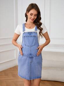 SHEIN Vestido casual de embarazo tipo peto de mezclilla holgado con bolsillos