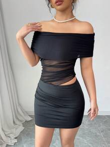 INAWLY 女式黑色网眼拼布修身性感派对迷你连衣裙