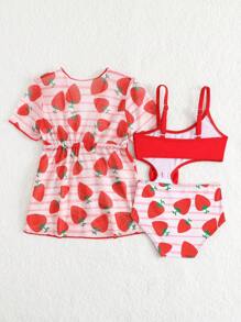 SHEIN 2pcs/Set Baby Girls Swimwear, Adorable Strawberry Print With Bow Decor One-Piece Swimsuit And Beach Cover Up - Red and White - View 2