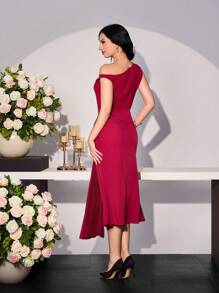 Modelyn 女式不对称肩部荷叶边拼接优雅浪漫连衣裙，适合春夏季 - 紅色 - 查看 2