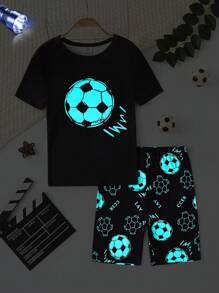 2 件套青少年男孩黑色简约足球印花短袖衬衫和短裤套装，舒适贴身家居服 - 彩色 - 查看 4