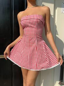 Aloruh Women's Sexy Vintage YTK Red & White Plaid Check Print Ruched Hem Cinched Waist Waist Mini Vacation Dress Women Summer Dress Women Tea Dress,Pastel Dresses For Women - Multicolor - View 7