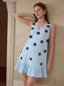 MOTF 立体花卉荷叶边下摆连衣裙 - 藍色 - 查看 4