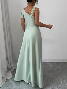 Elenzga Asymmetric Shoulder Pleated Ruffle Sleeve A-Line Floral Elegant Romantic Dress For Women - Mint Green - View 2