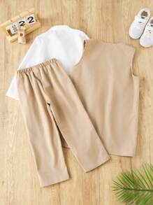 SHEIN 3pcs Set Toddler Boys Casual Robe Style Collared Shirt, Solid Color Pants Outfit, Suitable For Kids Outfits, Back To School, Birthday Parties, Evening Events, Performances, Weddings, School Commencements, Daily Wear, Spring, Summer - Khaki - View 2