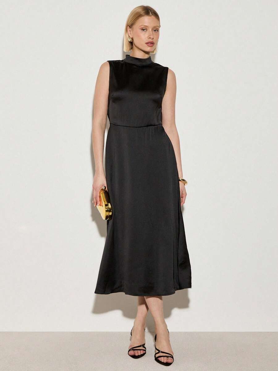 AiiRZ 无袖高领缎面中长连衣裙，优雅A字裙摆，适合晚宴、婚礼宾客等特殊场合，经典永恒。