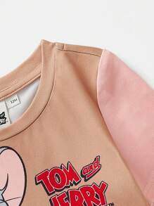 TOM & JERRY X SHEIN Baby Girl Cute Cartoon Print Pink Khaki Casual Short Sleeve T-Shirt - Multicolor - View 3
