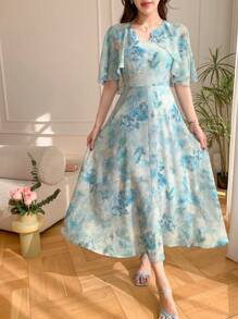 DAZY V领印花荷叶袖中长连衣裙，女士吊带裙，秋季长袖连衣裙，度假装扮，复活节女士 - 藍色 - 查看 6