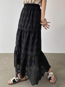 FRIFUL Chân váy nữ màu đen dáng rộng thêu họa tiết, phong cách bohemian thanh lịch, thích hợp cho mùa xuân/hè. - màu đen - Xem 4