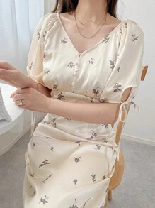 FRIFUL Women's Long Ditsy Floral Ruched Waist Puff Sleeve Dress, Summer,Casual Women Dresses