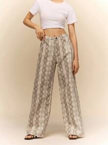 Poéselle 动物印花高腰直筒牛仔裤，休闲蛇纹长款，复古低腰喇叭休闲裤，嬉皮士卡其裤，女士宽松裤 - 彩色 - 查看 1