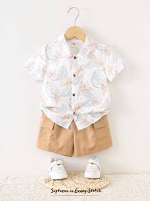 Cozy Pixies 2pcs Young Boys Plant & Floral Print Collar Top And Drawstring Waist Solid Shorts Set - Multicolor - View 6