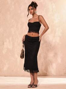 SHEIN BAE Damen 2-teiliges Set aus Tank Top & A-Linien Rock Outfit, minimalistisch modische lässige Streetwear - Schwarz - Übersicht 4