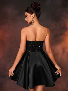 Lovelzi Elegant & Luxurious Forest Skin-Tone Elastic Floral Sequin Patchwork Satin Ballerina Tulle Short Party Dress, Wedding Guest Dress, Suitable For Wedding, Bachelorette, Vacation, Prom (Heavy Embellishment) - Black - View 2