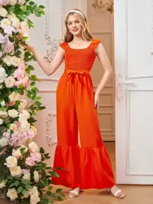 Comfortable Sleeveless Elastic Waist Pleated Wide Leg Jumpsuit For Teenage Girls - Orange - View 1