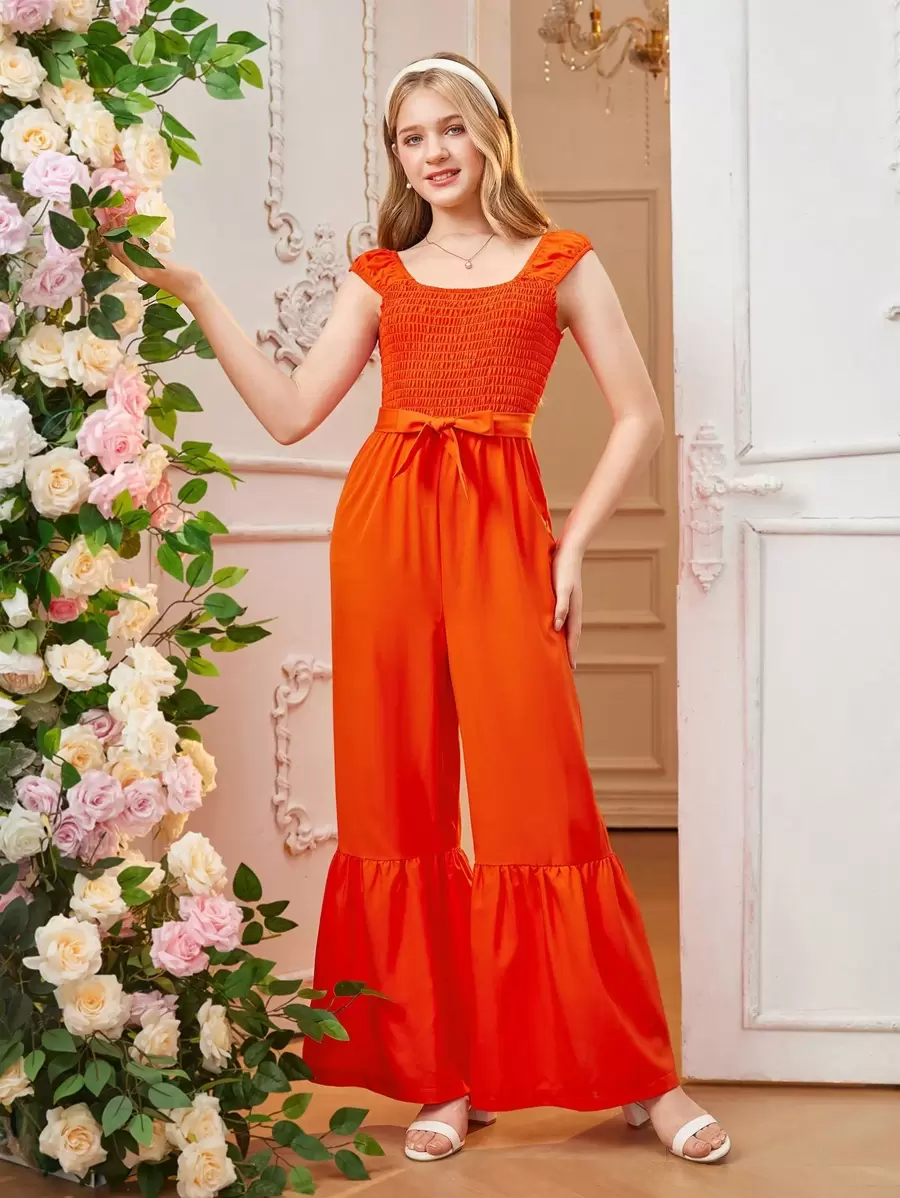 Comfortable Sleeveless Elastic Waist Pleated Wide Leg Jumpsuit For Teenage Girls - Orange - View 1
