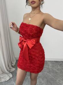 Elenzga Sexy French Red 3D Floral Bow Bandeau Bodycon Dress, Figure-Hugging For Banquet Party - Red - View 1