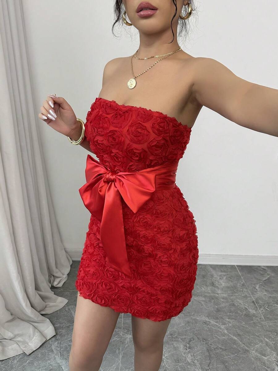 Elenzga Sexy French Red 3D Floral Bow Bandeau Bodycon Dress, Figure-Hugging For Banquet Party - Red - View 1