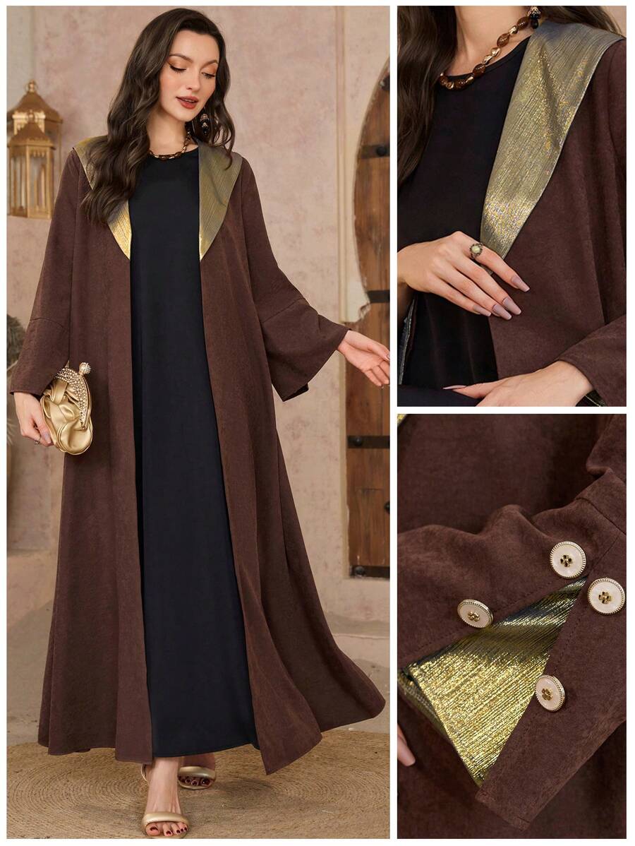 Al Najma Women's Retractable Collar Splicing Metallic Fabric Arabic Robe Abayas - Chocolate Brown - View 1