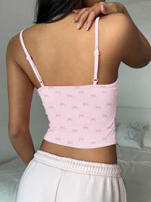 SHEIN EZwear 可爱粉色蝴蝶结装饰吊带背心，女士休闲性感吊带背心 - 白色 - 查看 2