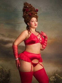 5 件套复古优雅宫廷风格性感花卉蕾丝和缎面荷叶边大码开裆内衣套装，红色 - 紅色 - 查看 6