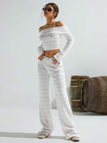 Athîral Women Casual Solid Color One-Shoulder Long Sleeve Top And Long Pants 2 Pieces Set - White - View 3