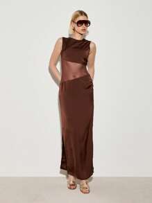 AiiRZ Elegant Satin Evening Maxi Dress With Color Block Panel Design Sleeveless Formal Gown Perfect For Weddings Galas Special Occasions