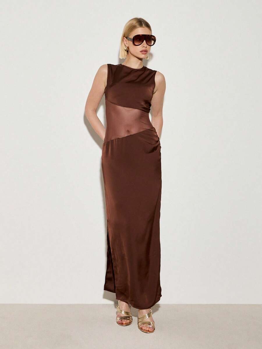 AiiRZ Elegant Satin Evening Maxi Dress With Color Block Panel Design Sleeveless Formal Gown Perfect For Weddings Galas Special Occasions