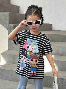 Striped Young Girl Graphic T-Shirt - Black and White - View 1