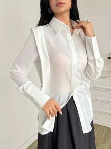Mulvari Casual Versatile Solid Color Collared Long Sleeve Shirt For Women - White - View 6