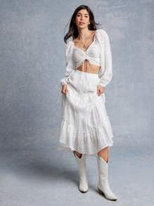 WESTFADE Mixed Media Textured Chiffon & Lurex Devore Chiffon Sweetheart Neck Balloon Long Sleeve Ruched Front Cropped Top - White - View 1