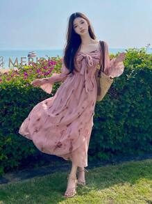 DAZY Đầm midi dáng ôm bằng chiffon in họa tiết hoa hồng, thắt eo xoắn, có bèo nhún, thích hợp cho nữ, kiểu dáng mùa thu, tay dài, trang phục đi nghỉ mát, lễ Phục sinh. - Hồng - Xem 12