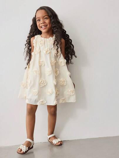 Maija Kids Maija Kids 春夏少女高端简约杏色 3D 玫瑰无袖宽松休闲 A 字裙，适合户外、居家、度假、派对