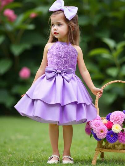 SHEIN Baby Girls Sets - Light Purple 3D Floral Fabric Halter Sleeveless Collared Top Paired With A-Line Double-Layer Satin Skirt, Elegant Luxury Outfit, Suitable For Outings, Family Gatherings, Birthday Parties, Spring/Summer