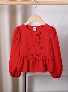 SHEIN LMoss Kids 年轻女孩纯色前系带长袖简约休闲衬衫