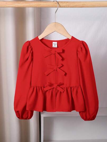 SHEIN LMoss Kids 年轻女孩纯色前系带长袖简约休闲衬衫