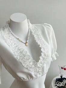 Elamini Solid Color Simple Fashion Casual Daily V-Neck Lace Blouse - White - View 5