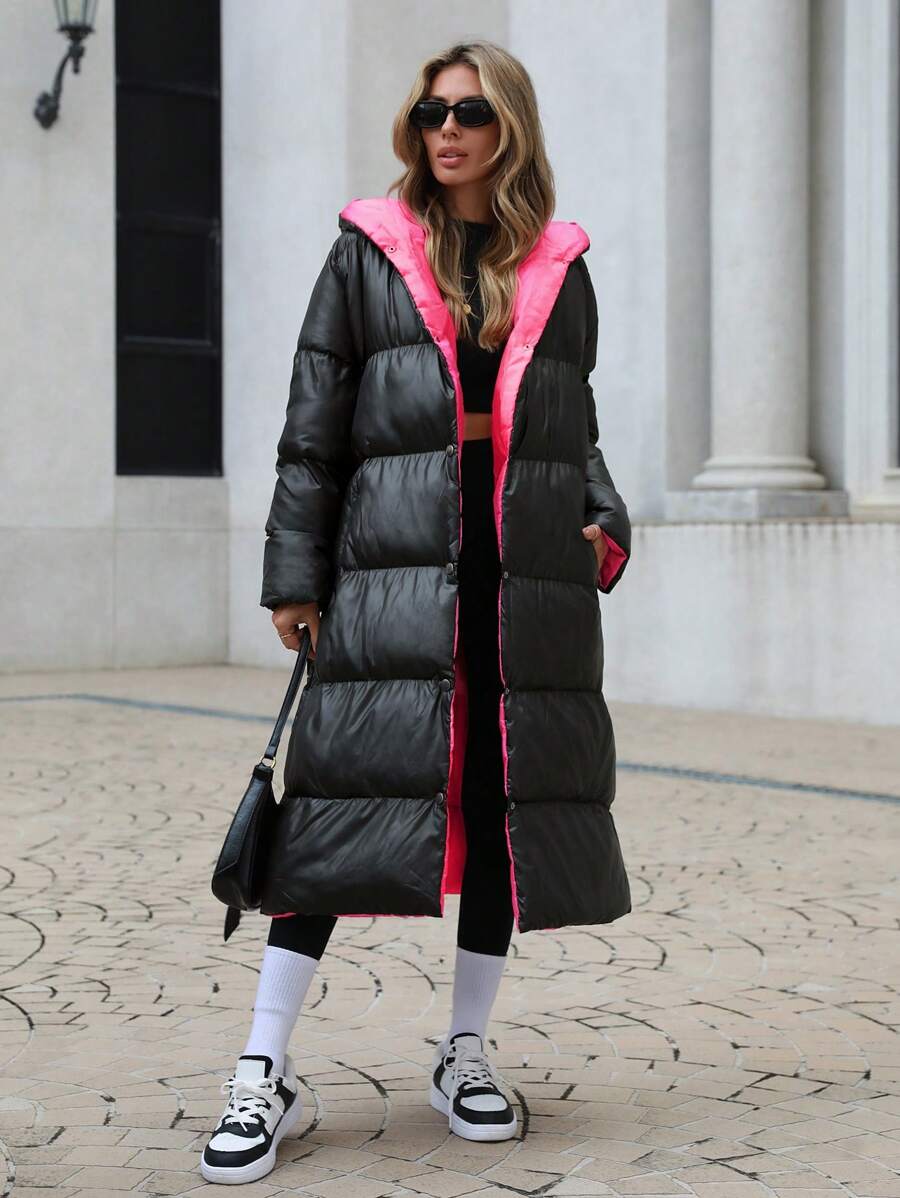 EURMUSE Button Up Hooded Puffer Coat, Ladies Winter Casual Button Front, Pocket Regular Sleeve Hooded Loose Black Plain Women Padded Coats, Winter Warmth/ Winter Fashion - Black - View 1