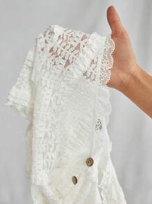 SHEIN Unity 1pc Women's White Lace Trim V-Neck Button Up Casual T-Shirt, Boho Style, Suitable For Music Festivals & Vacation, Spring/Summer - White - View 8