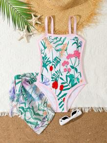 1pc Tween Girls' One-Piece Swimsuit With Ruffle Trim, Printed Design, No Lining - Multicolor - View 1