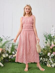 2 件套青少年女孩夏季休闲格纹荷叶边吊带上衣和简约 A 字裙 - 粉色 - 查看 4