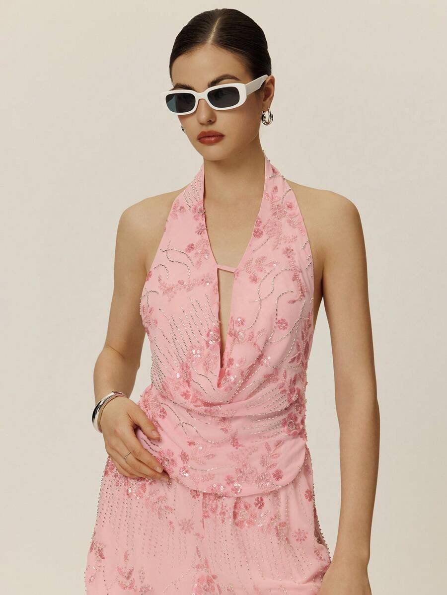 Poéselle Women Sparkly Beading Backless Halter Neck Top - Baby Pink - View 1