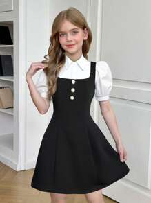 SHEIN Vestido de manga corta informal con cuello, mangas abullonadas y corte de color en bloques para niñas preadolescentes