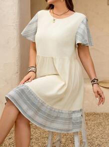 SHEIN LUNE SHEINLUNE Plus Size Women's Dual-Tone Black & White Plaid Ruffle Trim Midi Dress Spring Outfits For Women Summer Outfits For Women Summer Clothes Easter Outfit Women Western Wear Women Cotton - Black and White - View 7