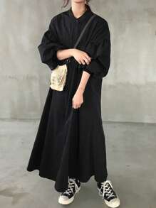 FRIFUL 女士宽松灯笼袖长袖连衣裙，黑色，春季，秋季连衣裙