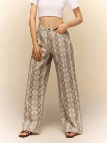 Poéselle 动物印花高腰直筒牛仔裤，休闲蛇纹长款，复古低腰喇叭休闲裤，嬉皮士卡其裤，女士宽松裤 - 彩色 - 查看 7