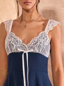 SHEIN BAE 女士春夏优雅仙女花园郊游拼色蕾丝拼接吊带迷你连衣裙，女士夏季服装，女士度假服装，女士婚礼宾客礼服，女士优雅连衣裙，女士音乐会服装，女士毕业礼服，女士早午餐服装 - 黑色 - 查看 5